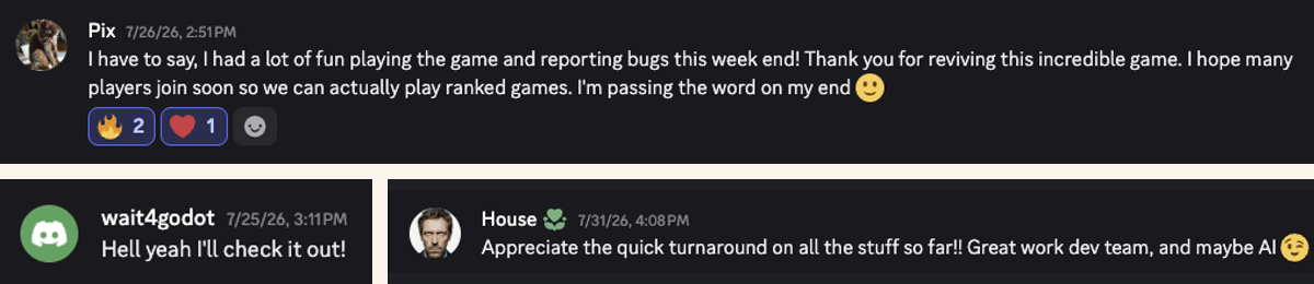 Three Discord player reactions: Pix praises FableBrawl and bug reporting, wait4godot says they will check it out, and House praises the quick turnaround