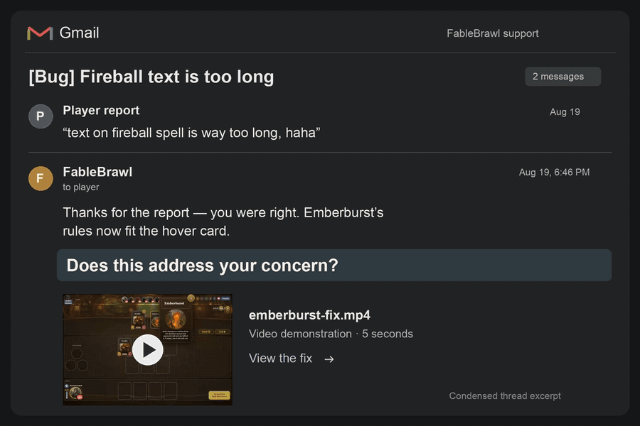 Recreated, anonymized FableBrawl support thread asking 'Does this address your concern?' followed by a video demonstration of the Emberburst hover-card text fix