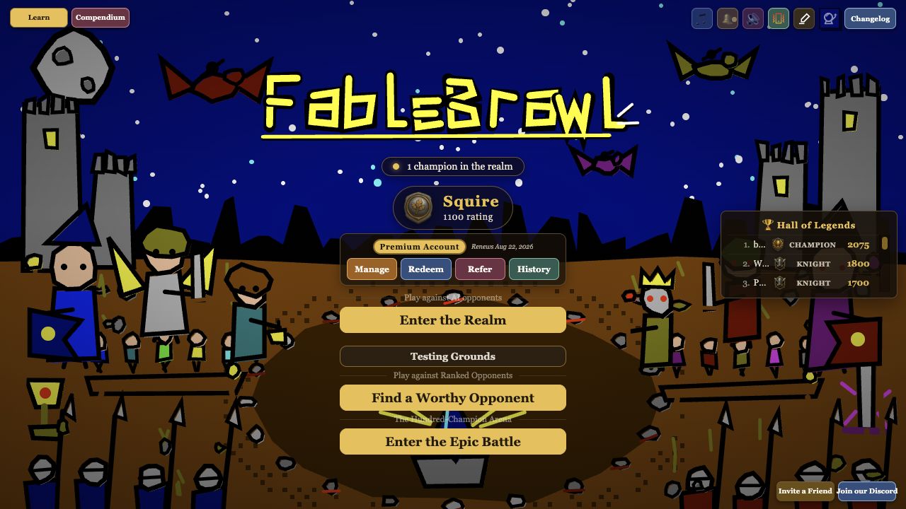 FableBrawl web home screen in Rough Draft art mode